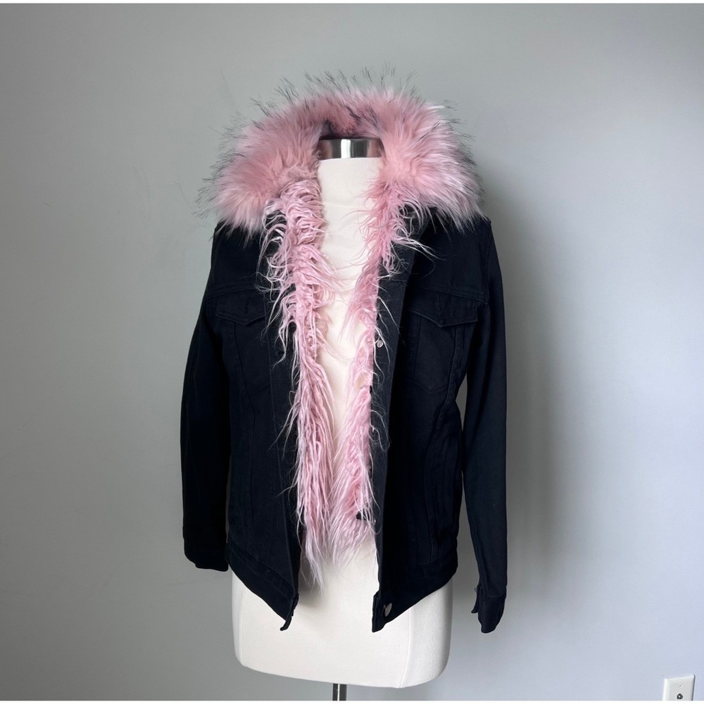 Black Jean Jacket with Pink Faux Fur Trim